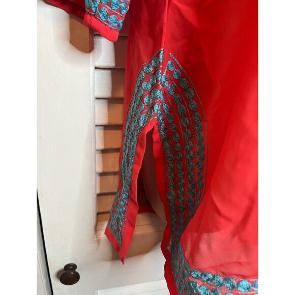 Gretchen Scott Designs silky 100% cotton tunic coral/blue ample fit XS Embroider - Picture 3 of 6